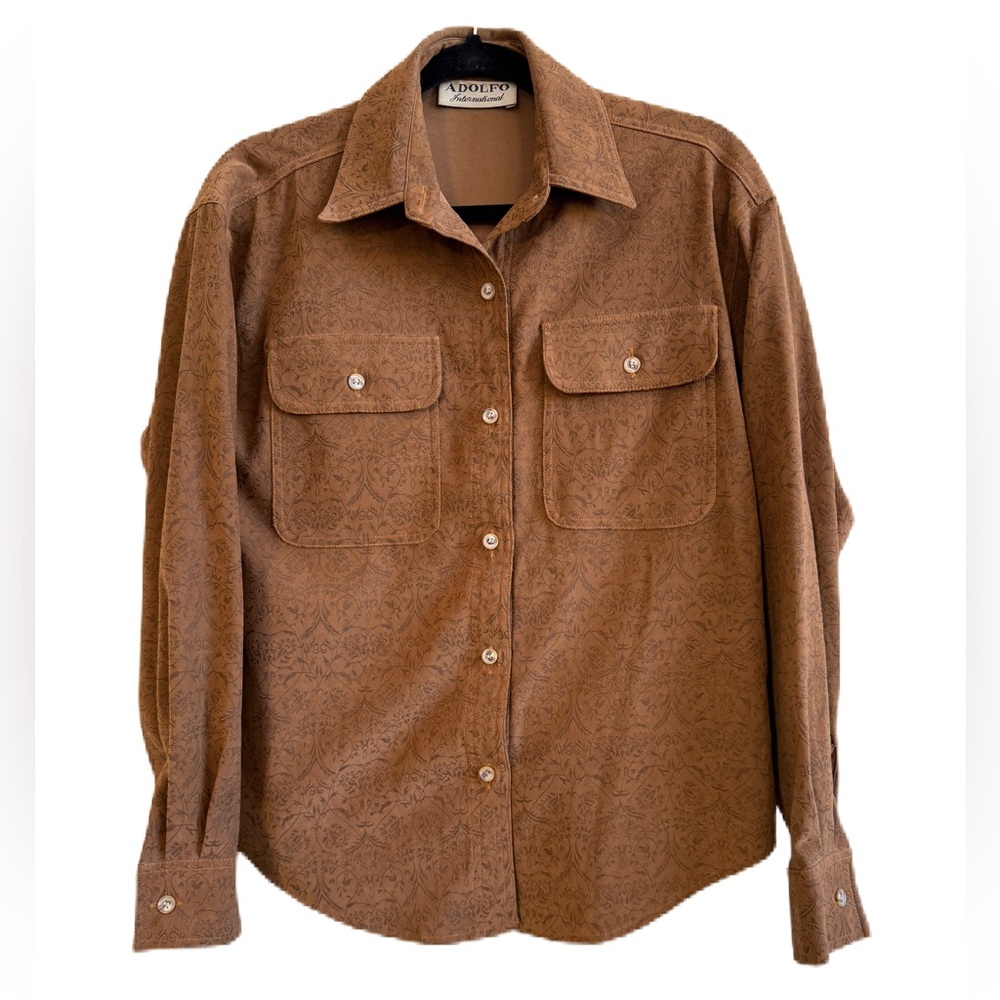 Adolfo International Floral Embellished Brown Western Shirt Small